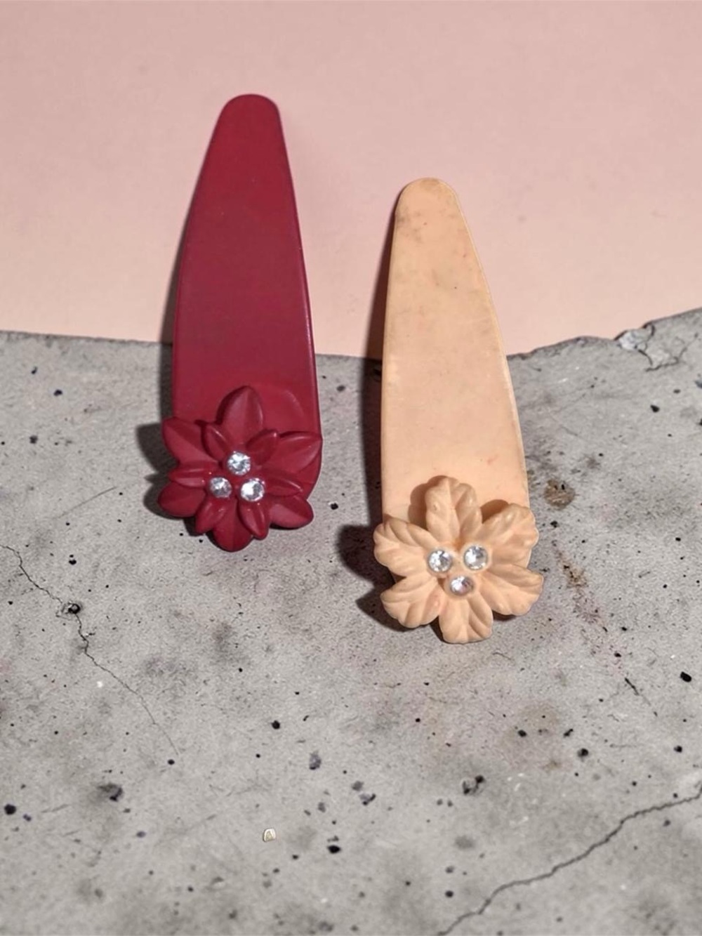 Floral Rhinestone Hair Clip Set - Red and Peach